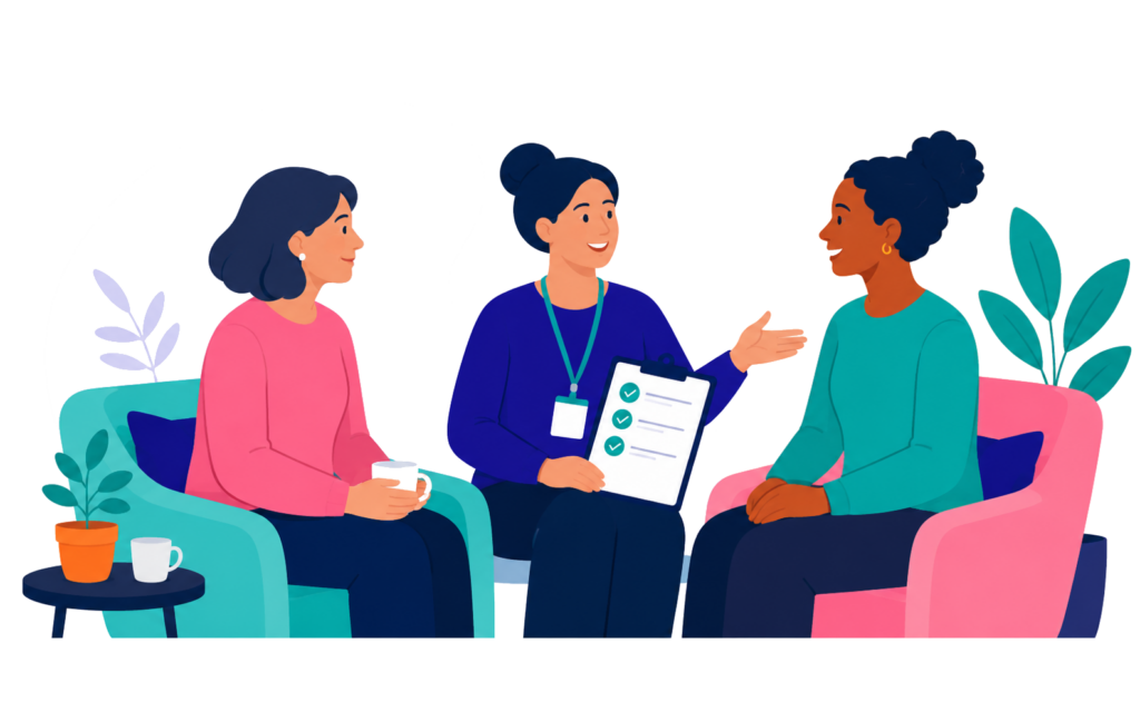 Illustration showing an Ivy Palmer introducer speaking with a family member and a self-employed live-in carer as part of the introduction process.